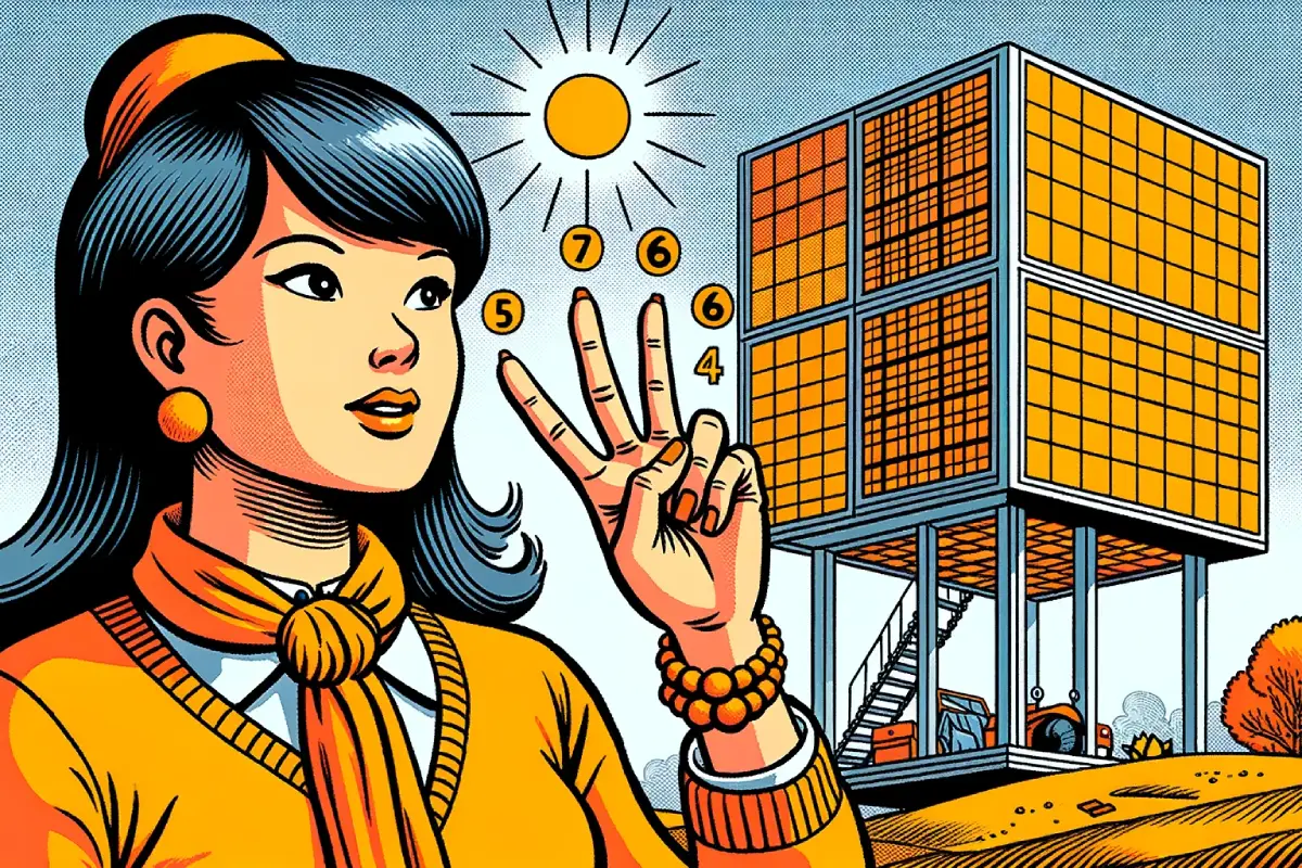 Une femme calculant le nombre de panneaux solaires nécessaires, devant une maison de 100 m²